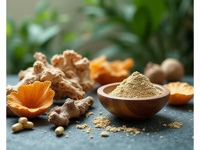 A serene display of adaptogenic herbs and roots like ashwagandha, reishi mushroom, and rhodiola, arranged aesthetically on a smooth, zen-like surface.