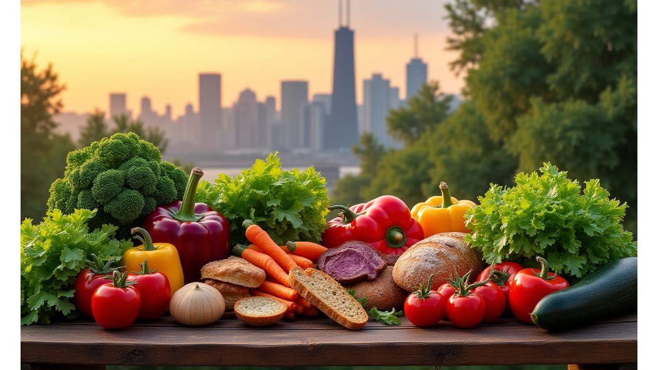 An inviting overhead shot of a diverse spread of fresh, local produce and artisanal Chicago-sourced functional food items on a rustic table, with a subtle city skyline in the blurred background.