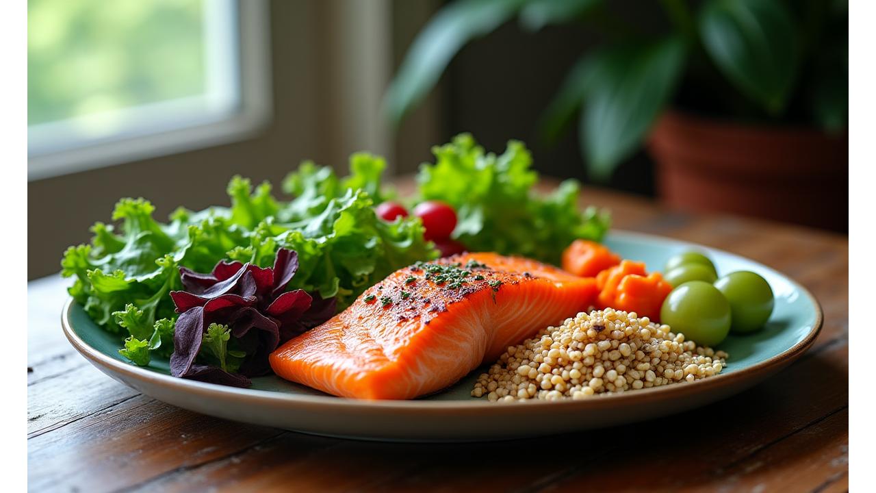A vibrant plate of functional foods, including colorful vegetables, lean protein, and seeds, artfully arranged on a rustic wooden table with soft light from a window in the background.