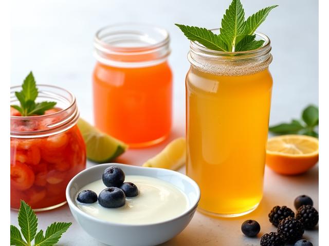 Close-up of vibrant fermented foods like kimchi, kombucha, and kefir, symbolizing gut health and probiotics.