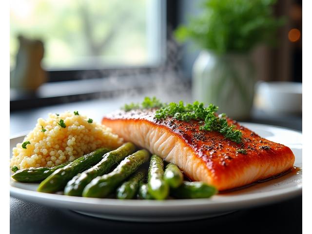 A beautifully plated, delicious-looking functional meal (e.g., salmon with roasted vegetables and quinoa) in a modern kitchen setting, with natural light.