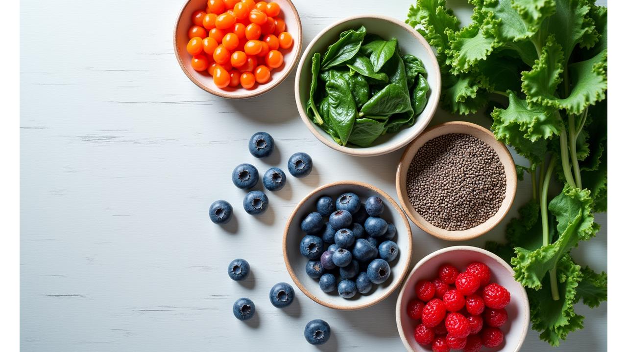 A colourful assortment of superfoods: blueberries, spinach, chia seeds, goji berries, and kale, artfully arranged in small bowls on a light wooden background.