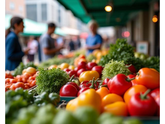 A bustling Chicago farmers market with fresh produce and happy shoppers.