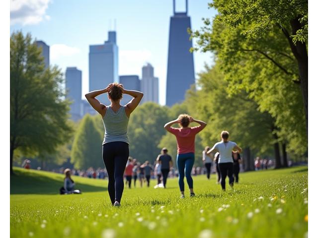 Diverse group of people enjoying outdoor fitness in a Chicago park.