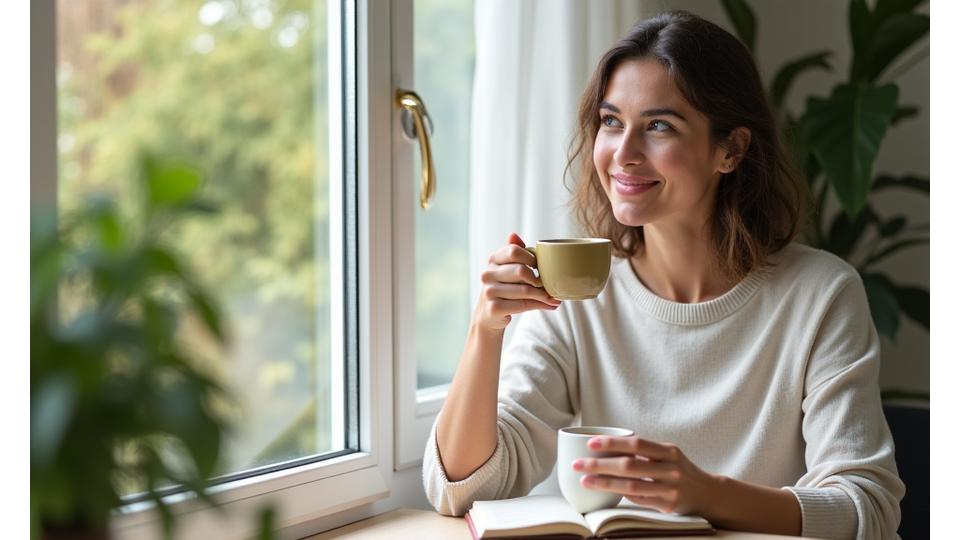 Woman enjoying morning coffee and journaling, representing mindful start to the day.