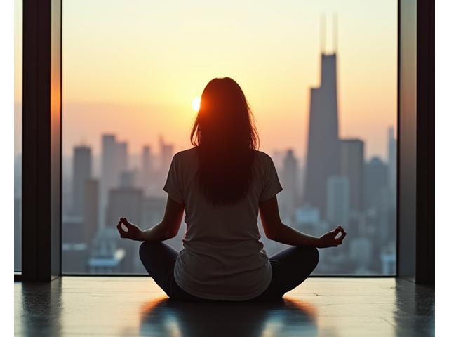 A person meditating peacefully with the Chicago skyline subtly in the background.