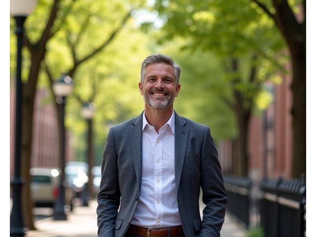 A smiling, confident Chicago adult walking outdoors, representing a successful wellness journey.