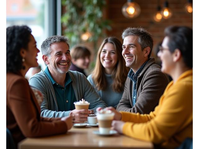 Happy diverse group of friends enjoying coffee and conversation, representing social connection.