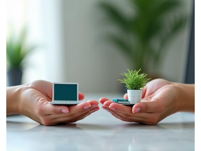 Person balancing work items with leisure items on hands, symbolizing work-life balance.