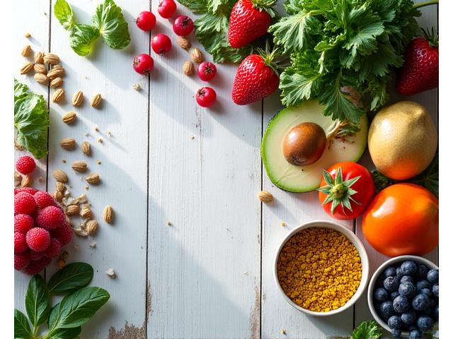 An artfully arranged display of colorful, fresh functional foods: berries, leafy greens, nuts, and superfood powders on a light wooden table, suggesting vibrancy and natural health.