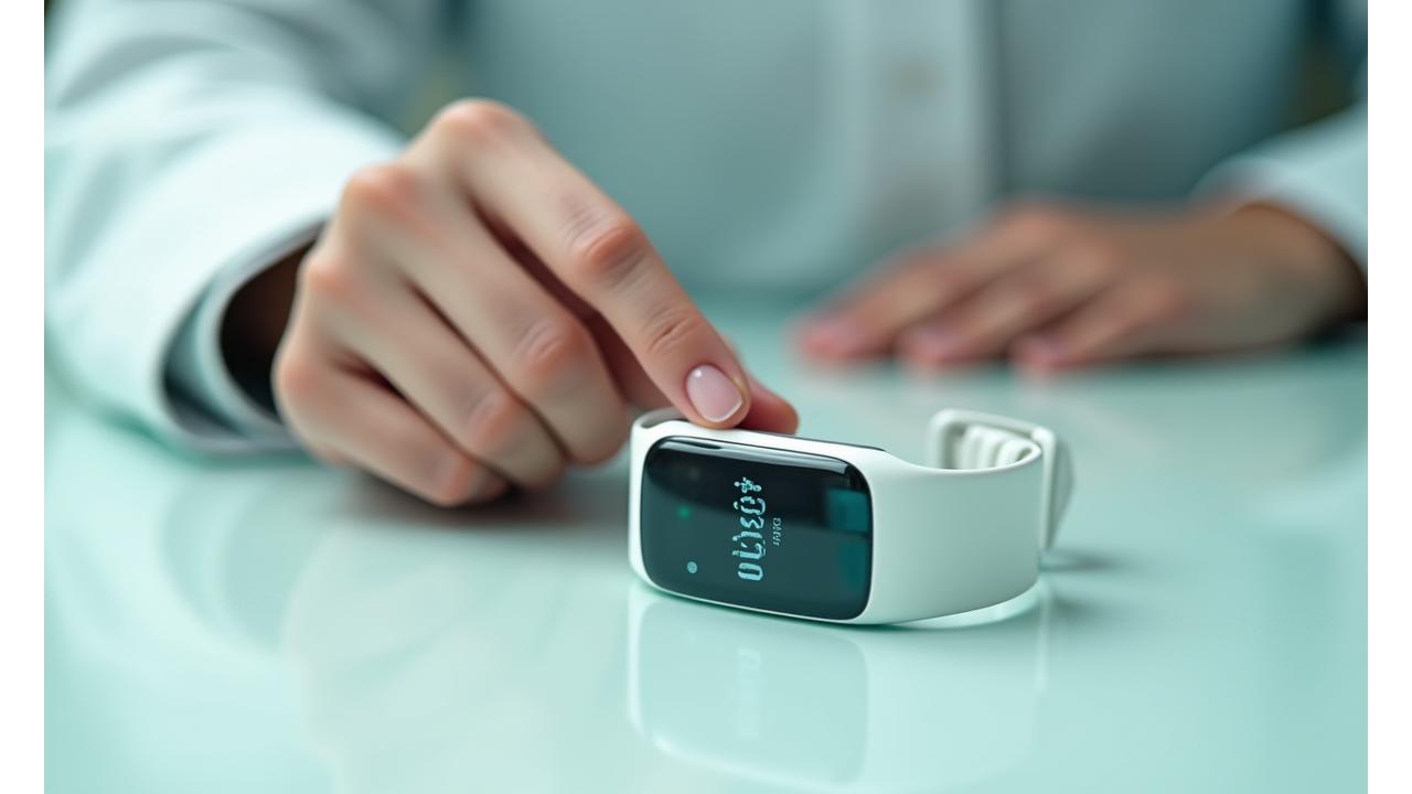 Professional hand meticulously testing a sleek new wellness wearable device on a clean lab surface.