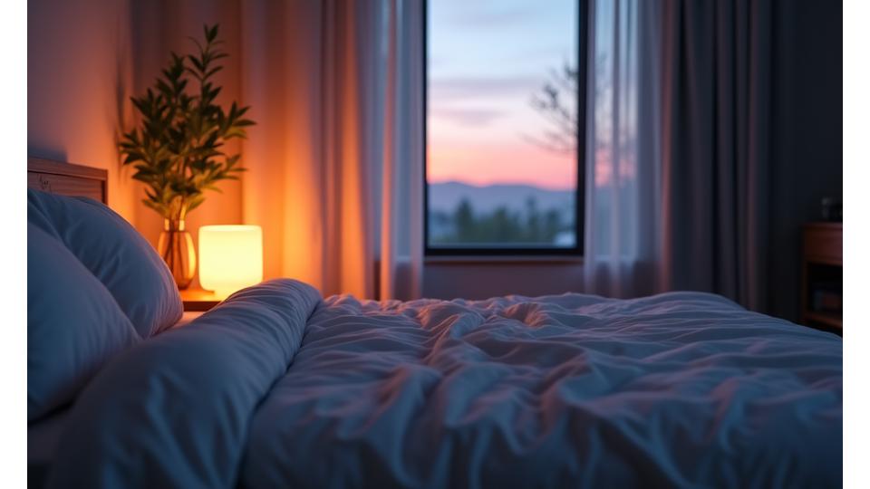 A serene bedroom setting with subtle smart home sleep technology visible: a smart lamp emitting warm light, an air purifier, and a sleek sleep tracking mat on a bed. Calm and modern aesthetics.