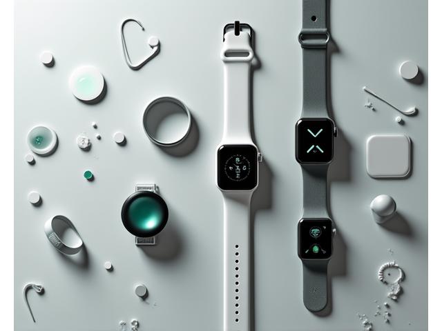 A collection of modern wearable health devices, including smartwatches and fitness trackers, neatly arranged on a clean, light-colored table. Clear, bright studio lighting.