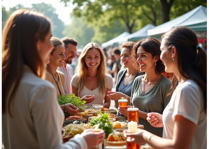 A vibrant and inviting image featuring a diverse group of local Chicago artisans and small business owners, some holding their unique wellness products (e.g., handcrafted soaps, locally roasted specialty coffee, artisanal honey jars). The background hints at a bustling, friendly local market, perhaps at Lincoln Square or Andersonville.