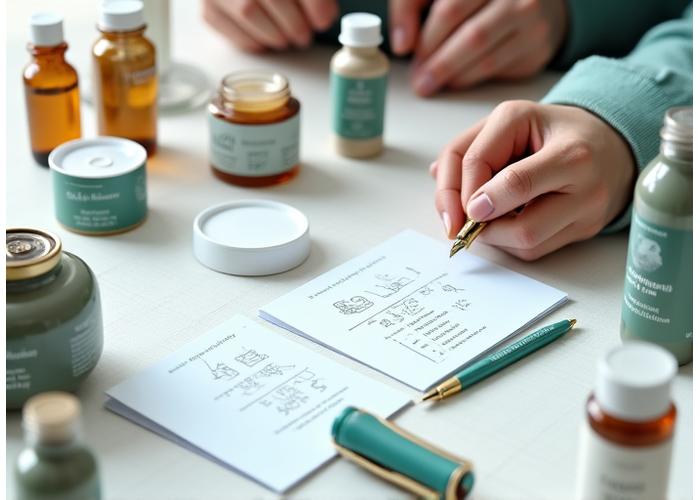A close-up of a diverse range of high-quality wellness products laid out on a clean wooden table, accompanied by elegant note cards and a pen, suggesting a meticulous curation process by unseen hands wearing professional attire.