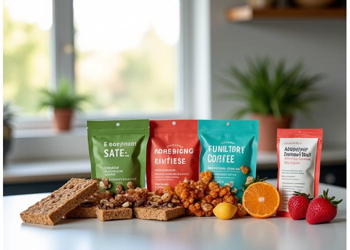 An aesthetically arranged collection of premium, healthy functional snacks, clearly labeled, on a modern kitchen counter. Examples include gourmet energy bars, single-serving nut and seed mixes, high-protein kale chips, and a packet of adaptogenic coffee. Natural light streams in from a window, highlighting the fresh ingredients.