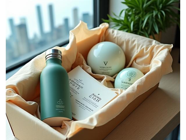 An elegantly designed Veridian Bloom Chicago Subscription Wellness Box, open to reveal a curated selection of premium wellness products like a herbal tea, a sleek water bottle, a small journal, and a natural skincare item, all nestled on natural, sustainable packing material. The background offers a soft-focus hint of Chicago's skyline through a window.