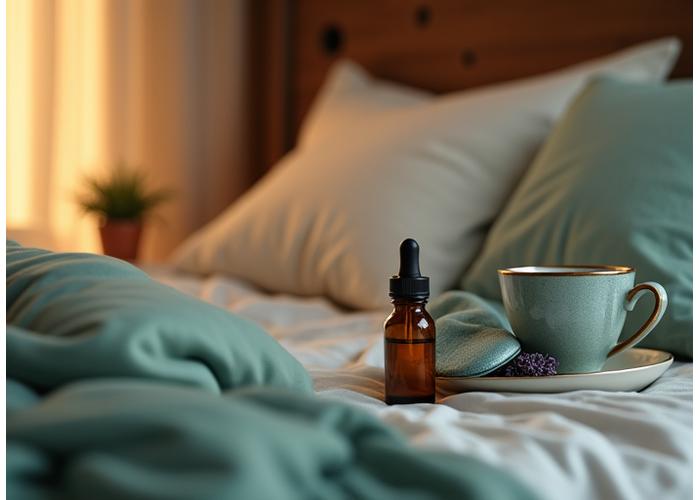 A serene bedroom setting with a neatly made bed, featuring a collection of calming sleep-aid products on a bedside table: a small bottle of lavender essential oil, a weighted eye mask, a bottle of magnesium supplement, and a tranquil herbal tea blend. Subtle, warm lighting from a lamp evokes a peaceful evening atmosphere.